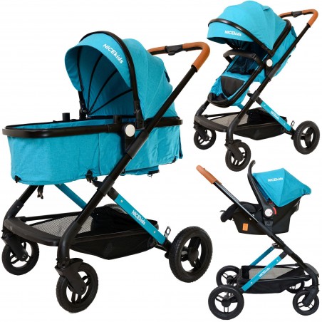 Wózek wielofunkcyjny NICEkids dla dzieci lekki 3w1 spacerówka + gondola seledynowo czarny