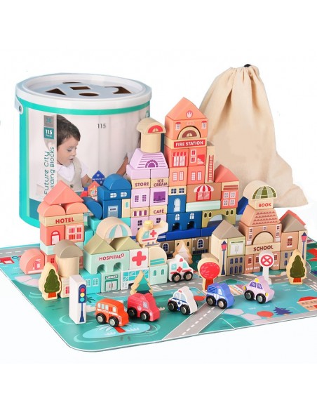 Klocki drewniane miasto 115 szt. w wiaderku 