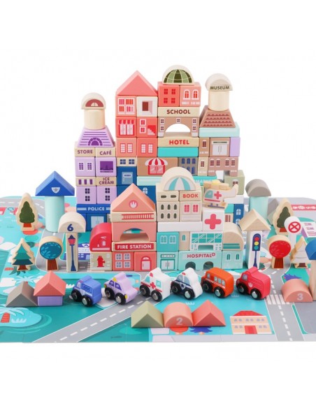 Klocki drewniane miasto 115 szt. w wiaderku 