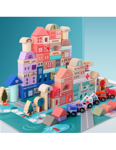 Klocki drewniane miasto 115 szt. w wiaderku 