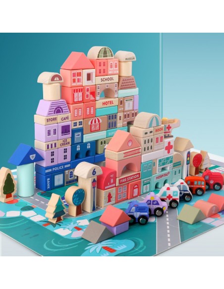 Klocki drewniane miasto 115 szt. w wiaderku 