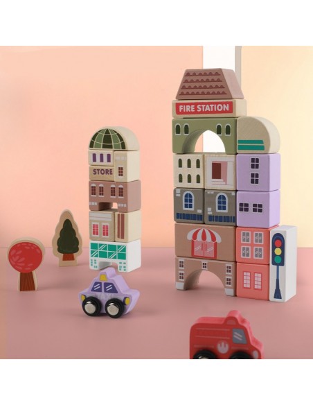 Klocki drewniane miasto 115 szt. w wiaderku 