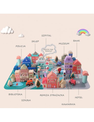 Klocki drewniane miasto 115 szt. w wiaderku 