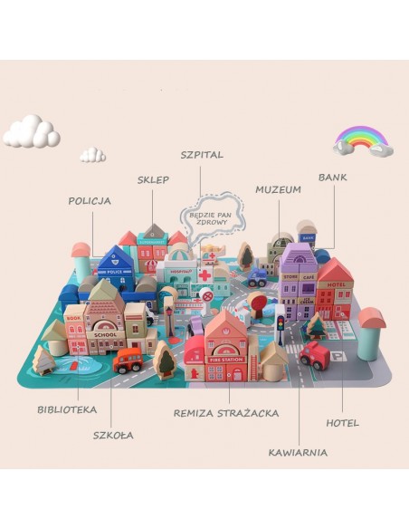 Klocki drewniane miasto 115 szt. w wiaderku 