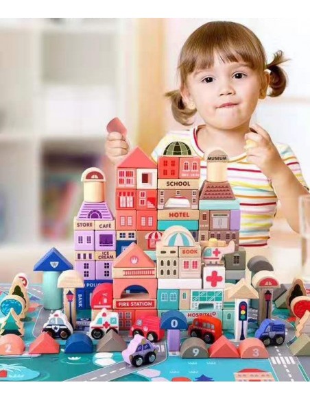 Klocki drewniane miasto 115 szt. w wiaderku 