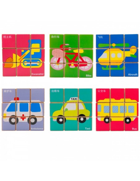 Klocki sześcienne pojazdy 9 el.