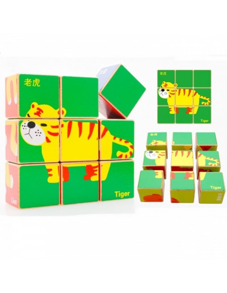 Klocki sześcienne dzikie zwierzęta 9 el.