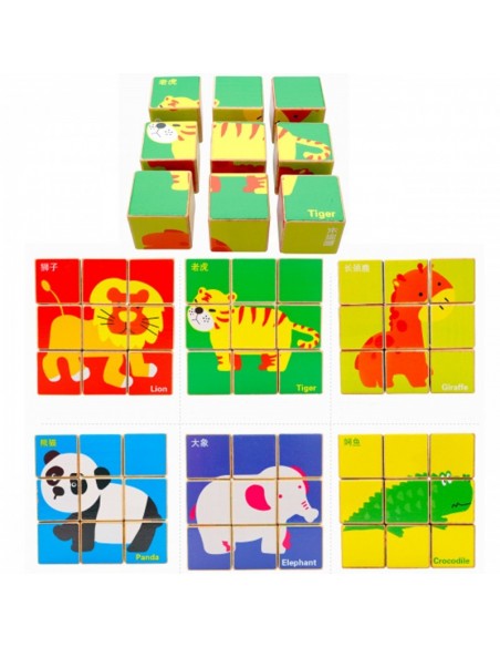 Klocki sześcienne dzikie zwierzęta 9 el.