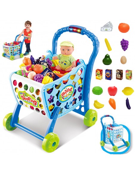 Koszyk wózek na zakupy z owocami warzywami niebieski