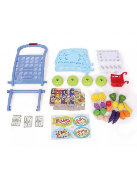 Koszyk wózek na zakupy z owocami warzywami niebieski