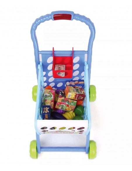 Koszyk wózek na zakupy z owocami warzywami niebieski