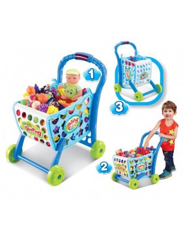 Koszyk wózek na zakupy z owocami warzywami niebieski