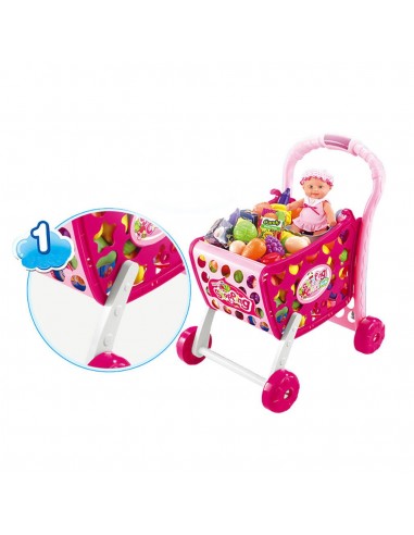 Koszyk wózek na zakupy z owocami warzywami różowy