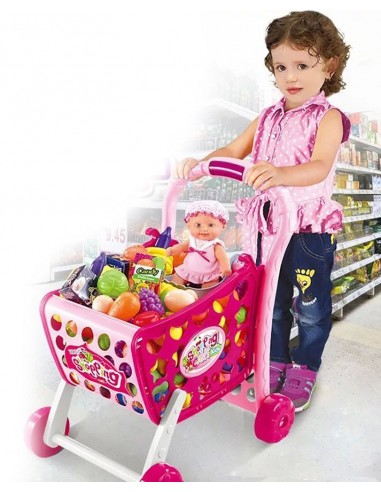 Koszyk wózek na zakupy z owocami warzywami różowy