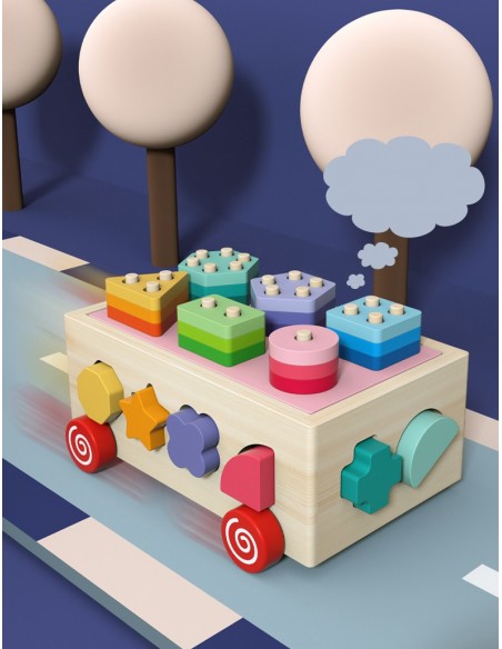 Drewniany sorter na kółkach z kolockami