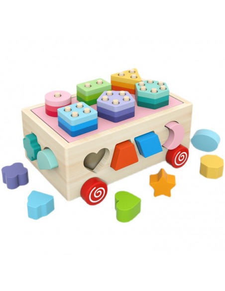 Drewniany sorter na kółkach z kolockami