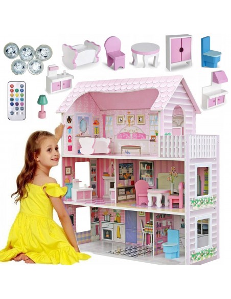 Drewniany domek dla lalek+ mebelki+ światło led