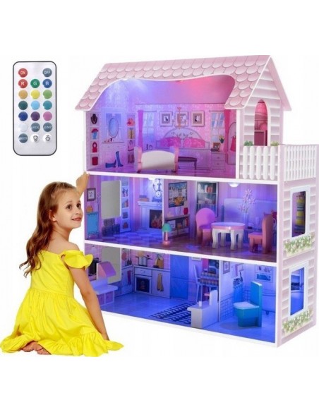 Drewniany domek dla lalek+ mebelki+ światło led
