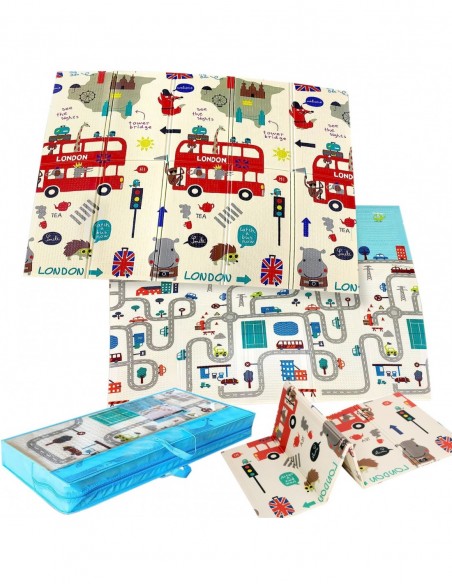 MATA PIANKOWA DWUSTRONNA SKŁADANA DUŻA 150 CM X 200 MIASTO AUTOBUS