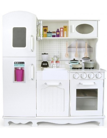 Ogromna drewniana biała kuchnia z akcesoriami piekarnik lodówka