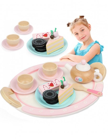 DREWNIANY ZESTAW DO HERBATY CZAJNIK FILIŻANKI TACA CIASTKA