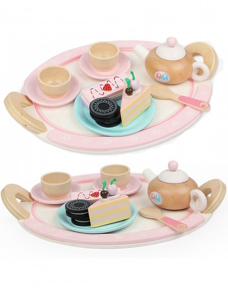 DREWNIANY ZESTAW DO HERBATY CZAJNIK FILIŻANKI TACA CIASTKA
