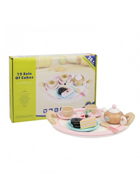 DREWNIANY ZESTAW DO HERBATY CZAJNIK FILIŻANKI TACA CIASTKA