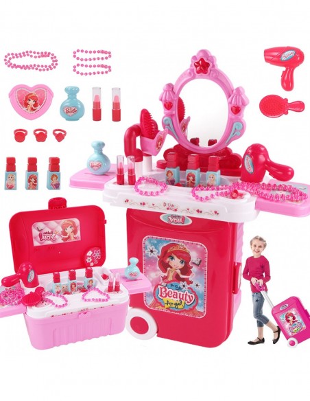 TOALETKA DLA DZIEWCZYNKI DUŻA Z LUSTREM LED WALIZKA 3W1