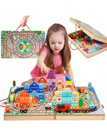 OGROMNA DREWNIANA KOLEJKA ELEKTRYCZNA TORY POCIĄG PLANSZA KLOCKI MIASTO