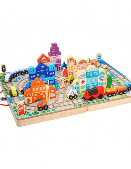 OGROMNA DREWNIANA KOLEJKA ELEKTRYCZNA TORY POCIĄG PLANSZA KLOCKI MIASTO