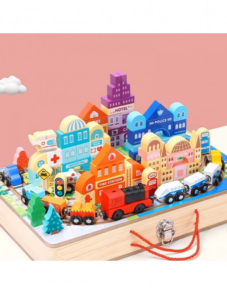 OGROMNA DREWNIANA KOLEJKA ELEKTRYCZNA TORY POCIĄG PLANSZA KLOCKI MIASTO