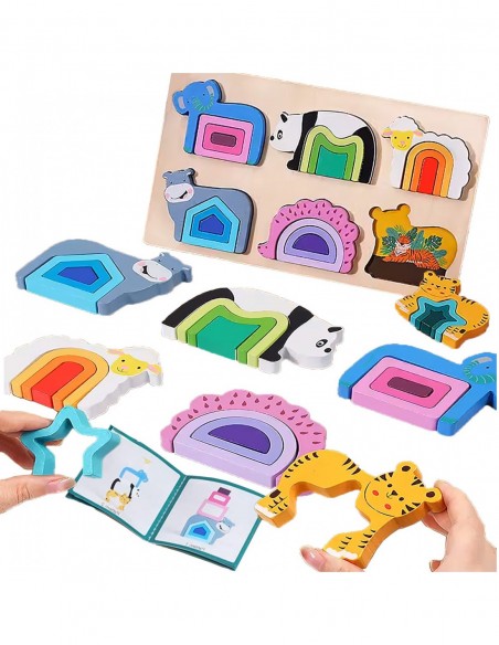 PUZZLE DREWNIANE KSZTAŁTY DOPASOWYWANIE EDUKACYJNE ZWIERZĘTA MONTESSORI