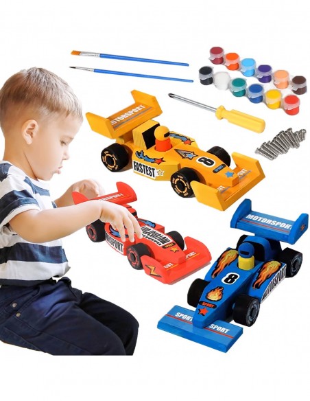 FORMUŁA 1 DREWNIANA DO SKRĘCANIA Z DREWNA MALOWANIA 3 SZTUKI + FARBY DIY