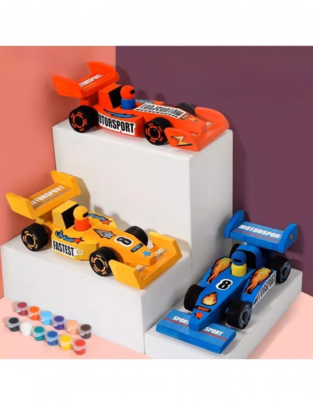 FORMUŁA 1 DREWNIANA DO SKRĘCANIA Z DREWNA MALOWANIA 3 SZTUKI + FARBY DIY