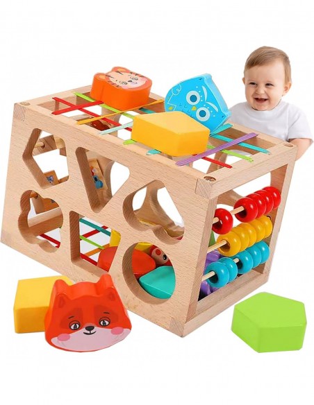 DREWNIANY SORTER KLOCKÓW ELASTYCZNA KOSTKA SENSORYCZNA MONTESSORI GUMKI 12 KLOCKÓW