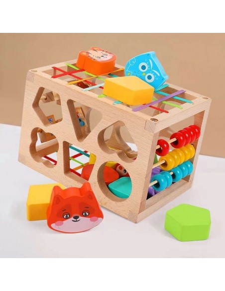 DREWNIANY SORTER KLOCKÓW ELASTYCZNA KOSTKA SENSORYCZNA MONTESSORI GUMKI 12 KLOCKÓW