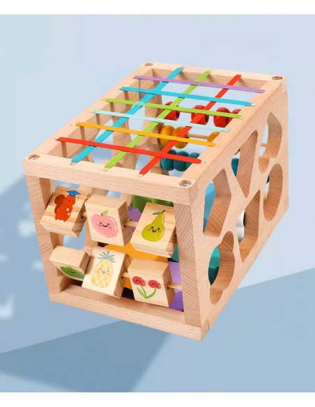 DREWNIANY SORTER KLOCKÓW ELASTYCZNA KOSTKA SENSORYCZNA MONTESSORI GUMKI 12 KLOCKÓW