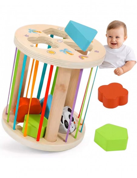 DREWNIANY SORTER KLOCKÓW ELASTYCZNA KOSTKA SENSORYCZNA MONTESSORI GUMKI 6 KLOCKÓW