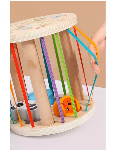 DREWNIANY SORTER KLOCKÓW ELASTYCZNA KOSTKA SENSORYCZNA MONTESSORI GUMKI 6 KLOCKÓW