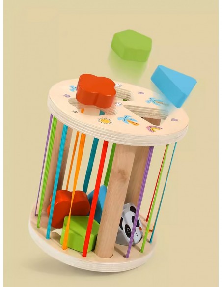 DREWNIANY SORTER KLOCKÓW ELASTYCZNA KOSTKA SENSORYCZNA MONTESSORI GUMKI 6 KLOCKÓW