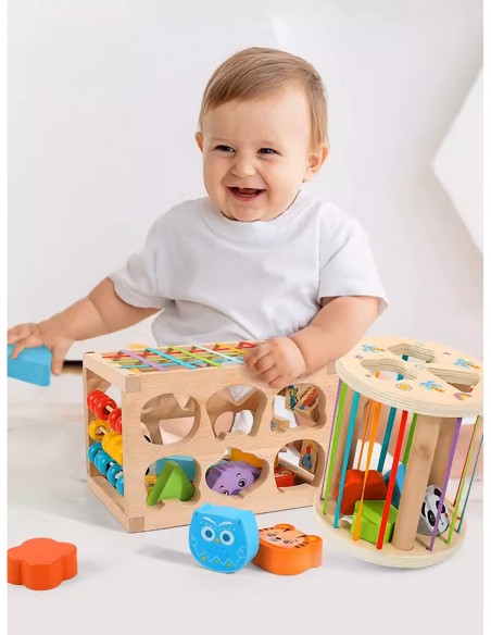 DREWNIANY SORTER KLOCKÓW ELASTYCZNA KOSTKA SENSORYCZNA MONTESSORI GUMKI 6 KLOCKÓW