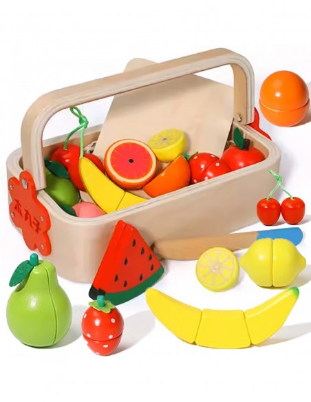 DREWNIANE OWOCE DO KROJENIA CIĘCIA NA MAGNES W SKRZYNCE ZESTAW Z NOŻYKIEM