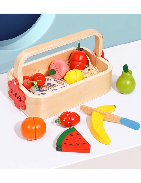 DREWNIANE OWOCE DO KROJENIA CIĘCIA NA MAGNES W SKRZYNCE ZESTAW Z NOŻYKIEM