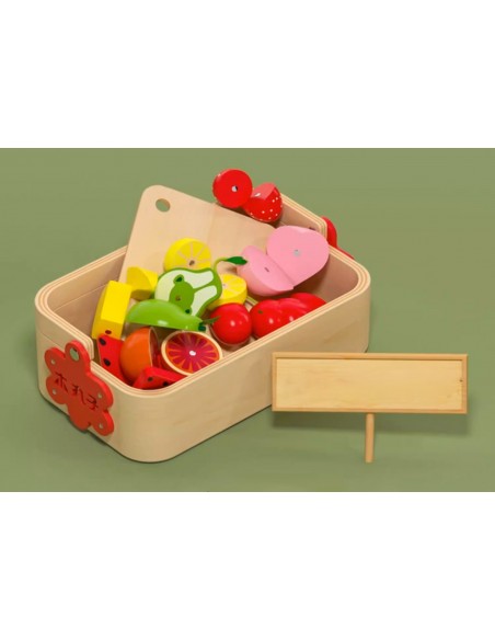 DREWNIANE OWOCE DO KROJENIA CIĘCIA NA MAGNES W SKRZYNCE ZESTAW Z NOŻYKIEM