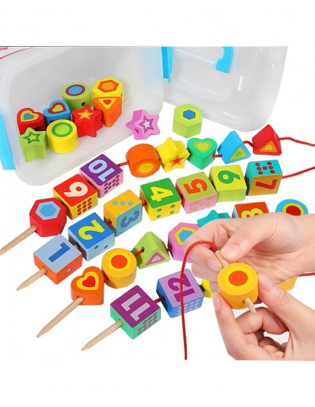 KORALIKI KLOCKI DREWNIANE DO NAWLEKANIA MONTESSORI 37 EL. CYFRY