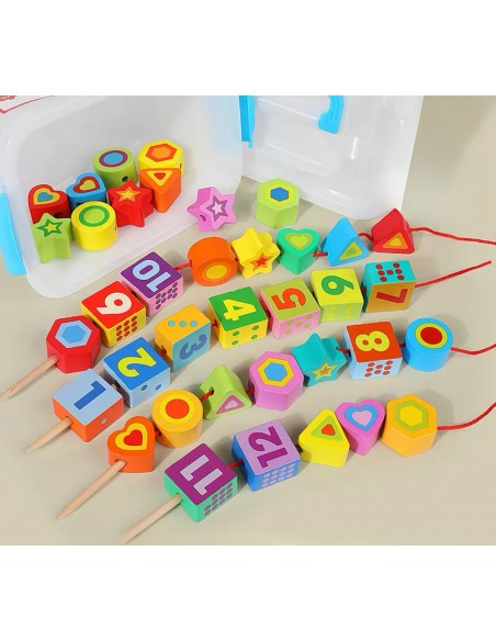 KORALIKI KLOCKI DREWNIANE DO NAWLEKANIA MONTESSORI 37 EL. CYFRY