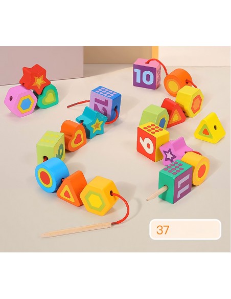 KORALIKI KLOCKI DREWNIANE DO NAWLEKANIA MONTESSORI 37 EL. CYFRY