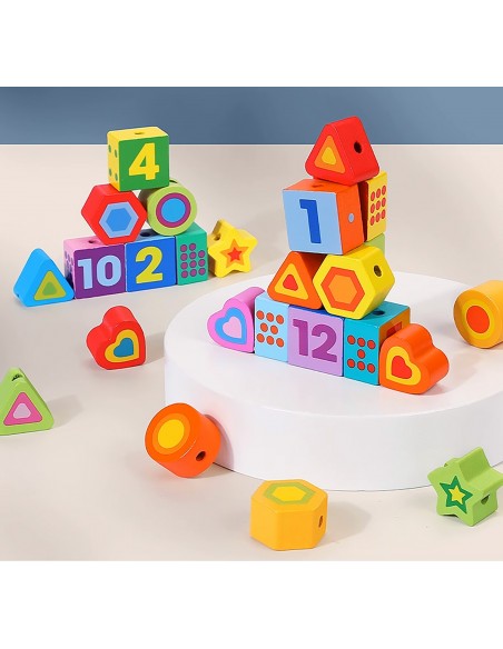 KORALIKI KLOCKI DREWNIANE DO NAWLEKANIA MONTESSORI 37 EL. CYFRY