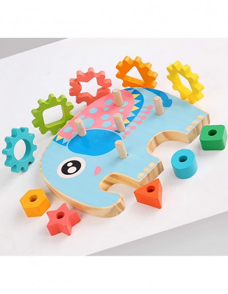 KLOCKI DREWNIANE SORTER EDUKACYJNY MONTESSORI  SŁOŃ ZĘBATKI