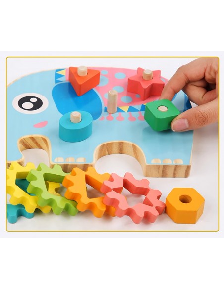 KLOCKI DREWNIANE SORTER EDUKACYJNY MONTESSORI  SŁOŃ ZĘBATKI